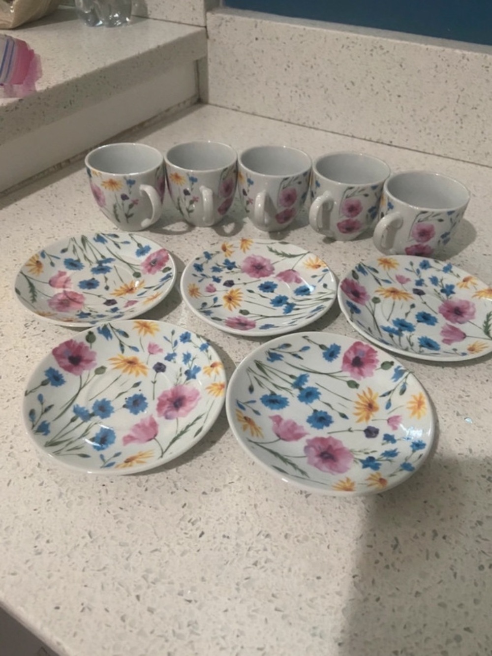Floral Ceramic Tea Cup and Saucer Set - White with Pink, Blue & Yellow Flowers